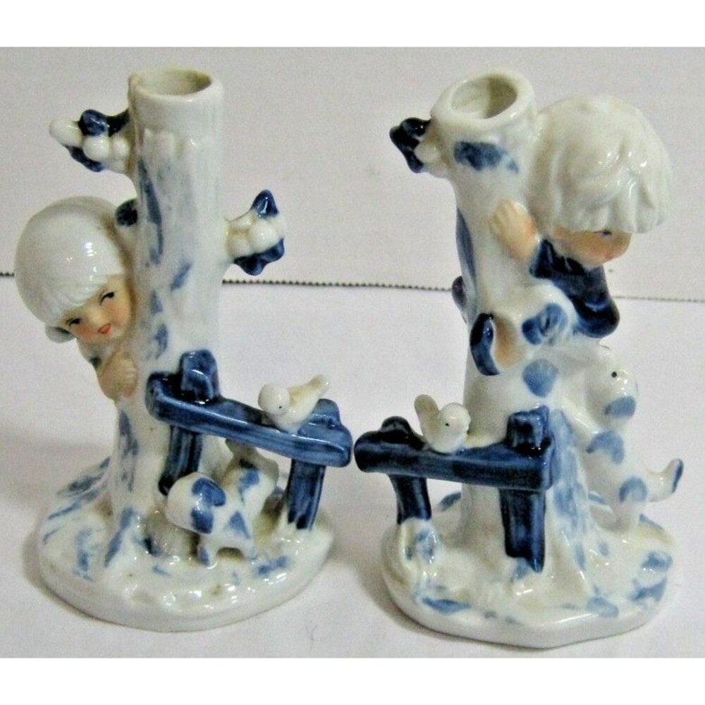 Vintage Delft Blue Boy And Girl Puppies + Birds 5" Bud Vases, made in Korea